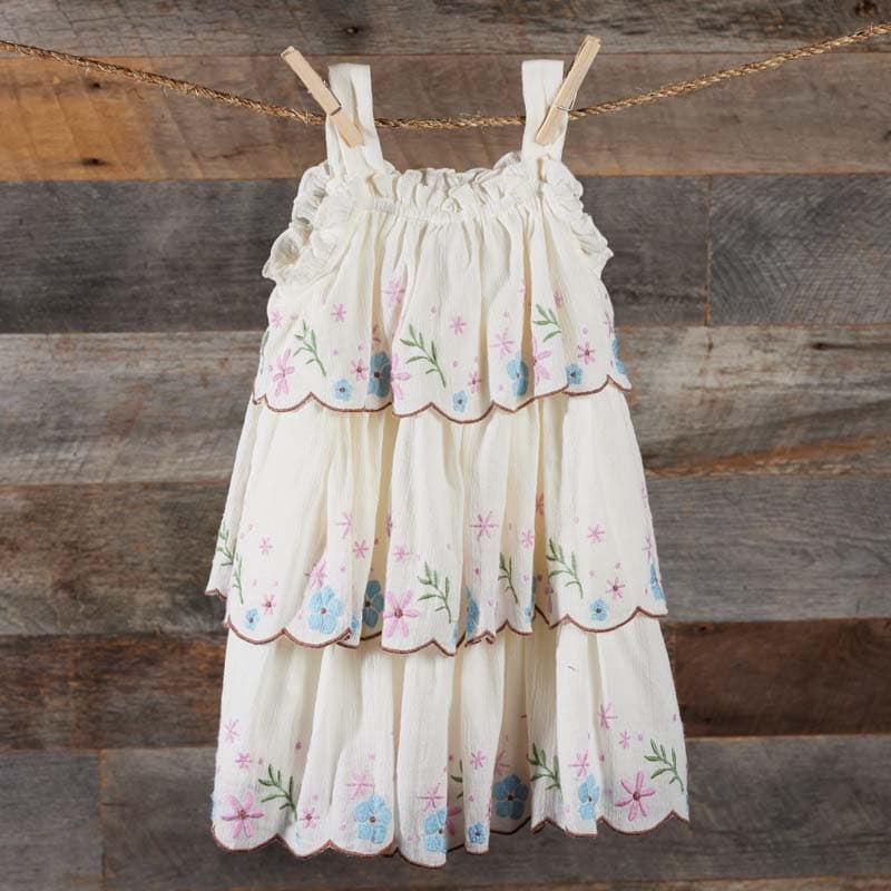 Toddler Woven Embroidered Flower Ivory Tiered Dress