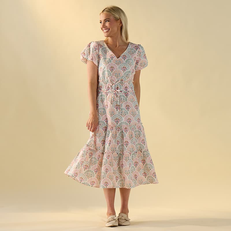 knee length dresses for ladies Blue Floral Square Neck Puff Sleeve Midi Dress S