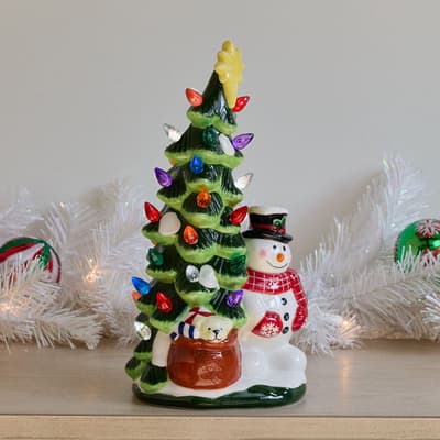 Light Up Ceramic Snowman with Christmas Tree