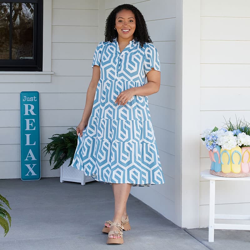 Geo Print Blue Midi Dress Cracker Barrel
