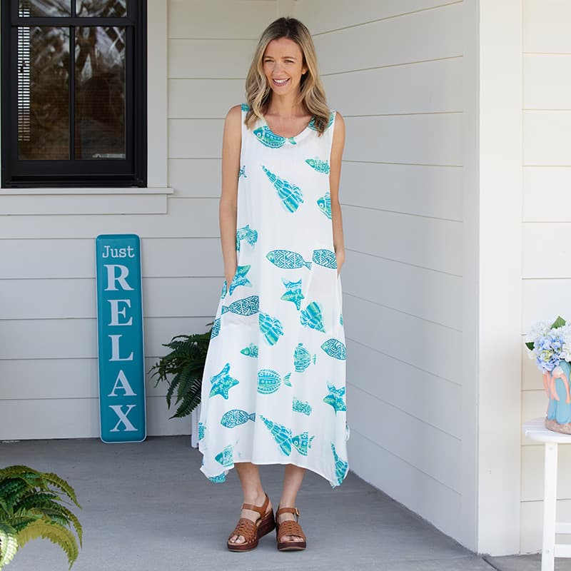 ワンピース Low Tide : 25SS / DAMAGED COTTON DRESS (2COLORS) Fish Print Side Tie White Dress - Cracker Barrel
