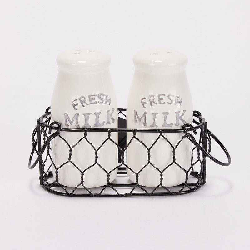 SALT AND PEPPER SHAKERS WITH BLACK WIRE CADDY