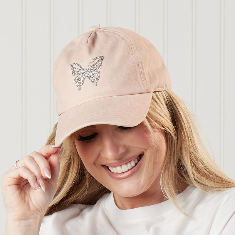 New Custom Designed Pink Distressed Baseball Cap with Pink Sequined Butterfly Distressed Vintage Couture Pearl Butterfly Trucker Hat  main image 2