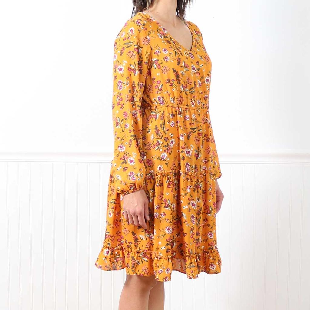 V neck Floral Print Golden Yellow Peasant Dress Cracker Barrel