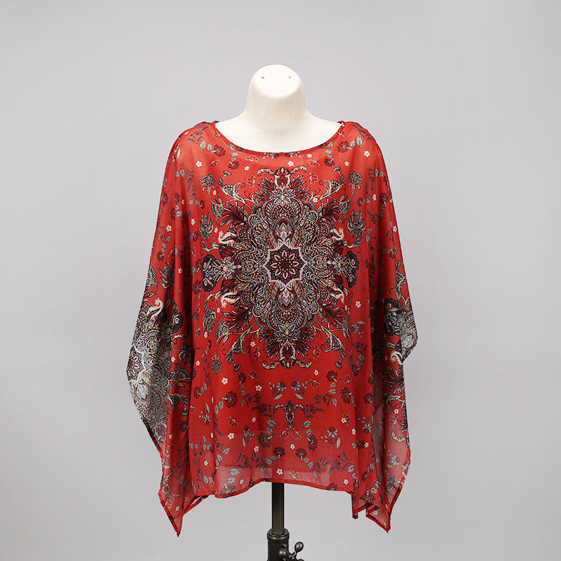 Medallion Chiffon Red Poncho Top - Cracker Barrel