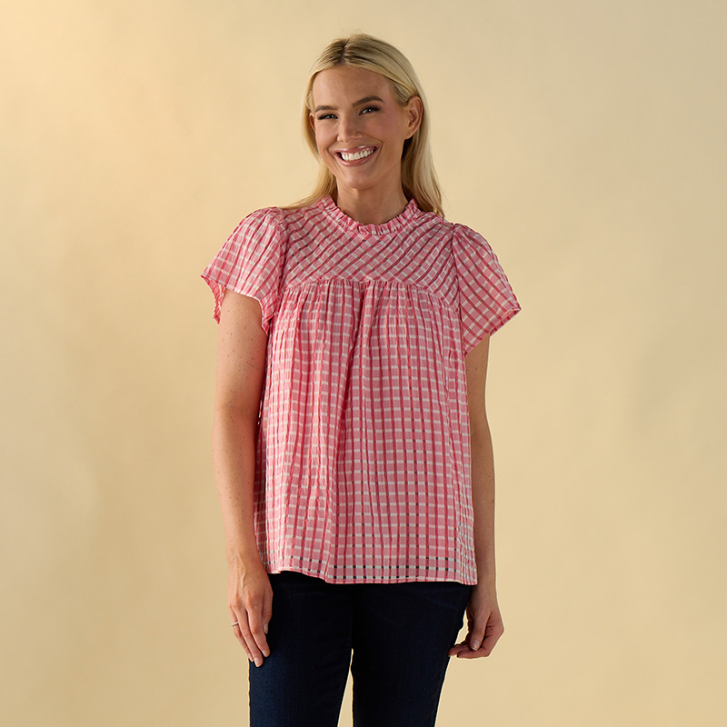 Pink Check Texture Ruffle Top - Cracker Barrel
