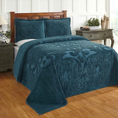 Ashton Teal Tufted Chenille Bedspread - Queen