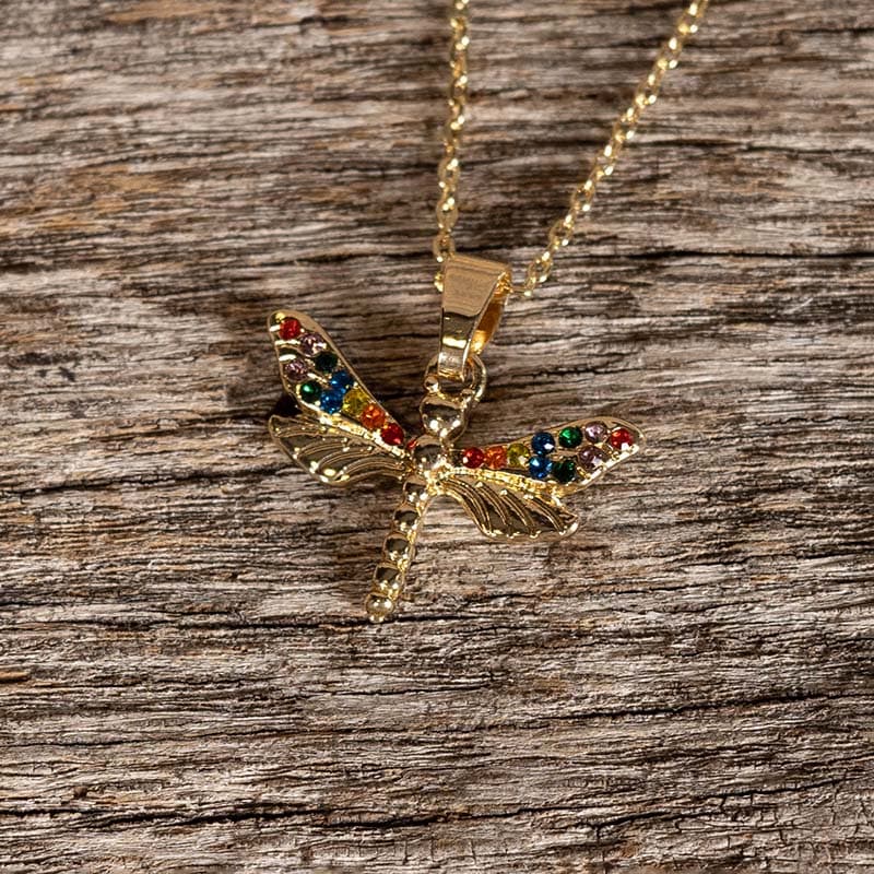 Gold Colorful Dragonfly Necklace and Earring Set Cracker Barrel