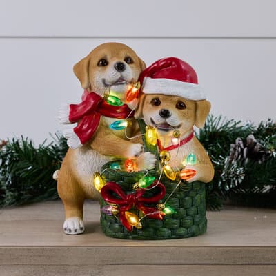 Dogs In Basket with Lights Figurine