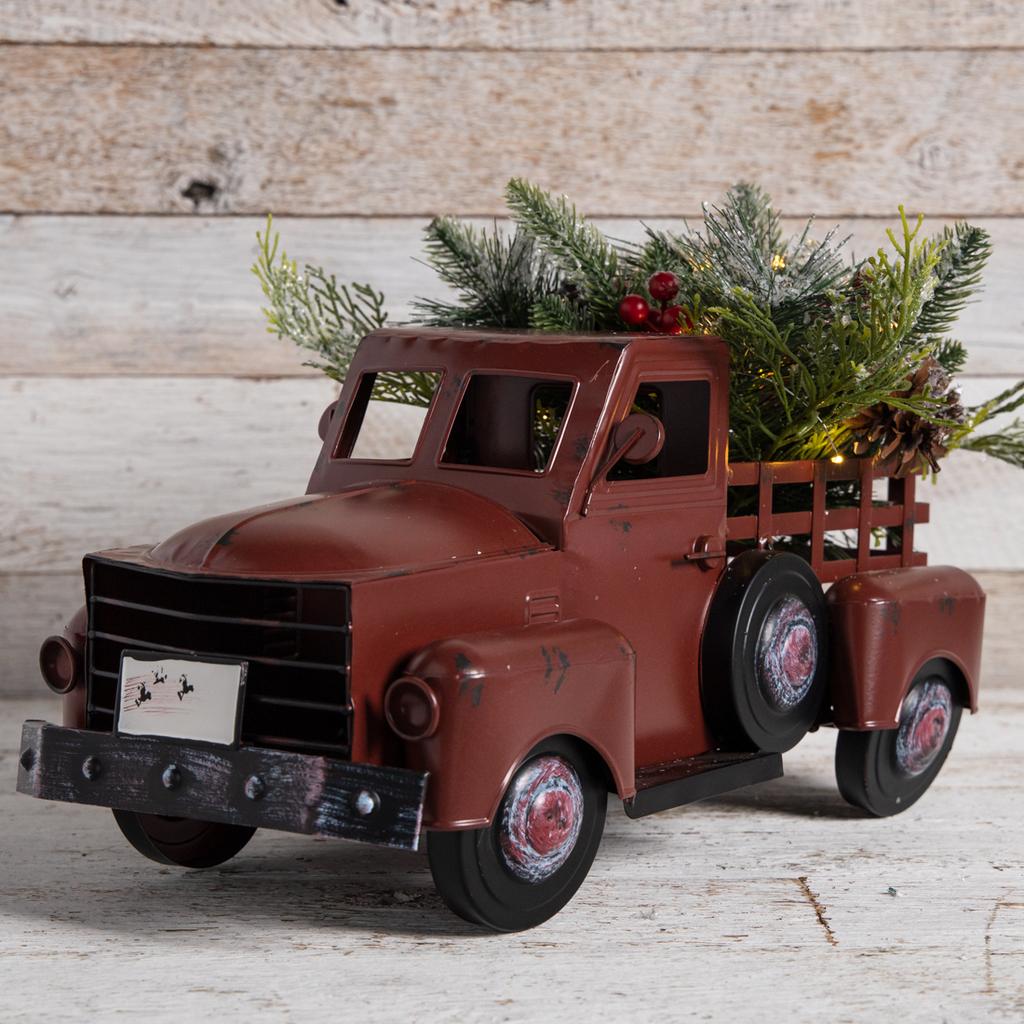 Red Metal Truck with Light Up Greenery Decor Cracker Barrel