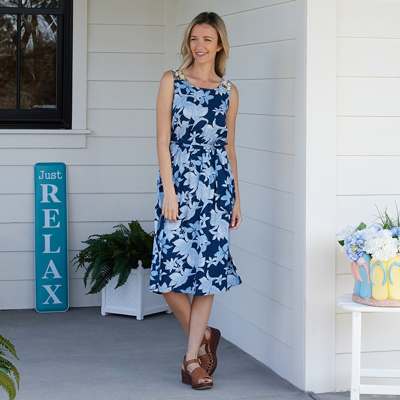 Beaded Strap Blue Midi Dress - Cracker Barrel