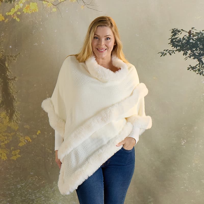 Ivory Faux Fur Poncho Cracker Barrel