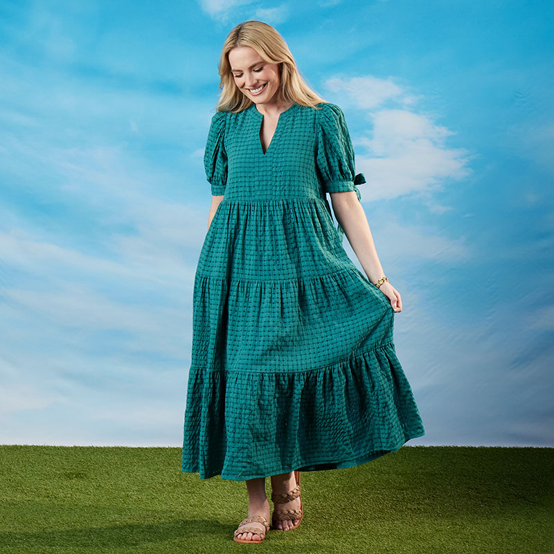 knee length dresses for ladies Maddie Picot Trim Midi Dress-Midnight Teal