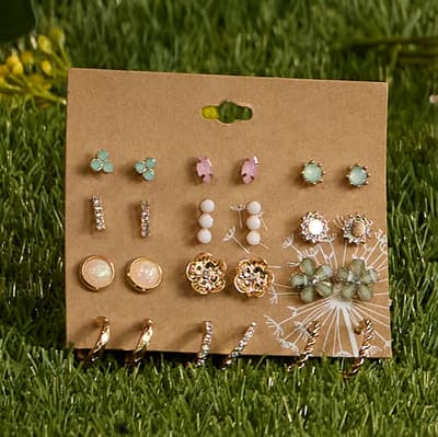 12 Pack Flower Earrings - Gold