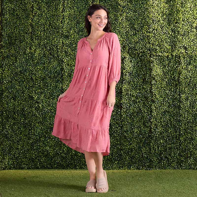 Pink Embroidered Midi Dress