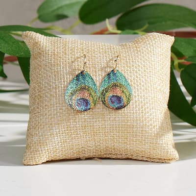 Gold Peacock Feather Print Teardrop Earrings