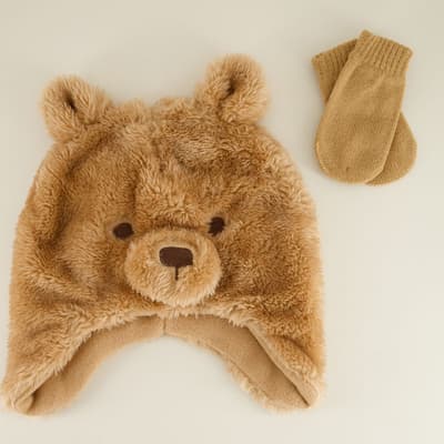 Infant Plush Bear Trapper Hat and Mittens