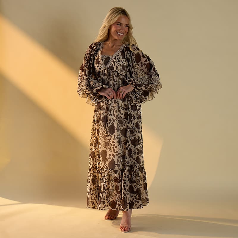brown floral maxi dress with sleeves LASCANA Women's Floral Long Sleeve Maxi Dress