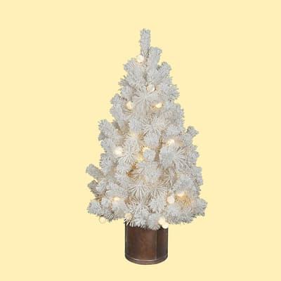 4.5' White Flock Tree with Round Bulbs