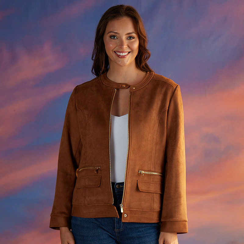 SOMEWHEREBUTTER ■ Carmel Suede Jacket Camel Faux Suede Moto Jacket - Cracker Barrel