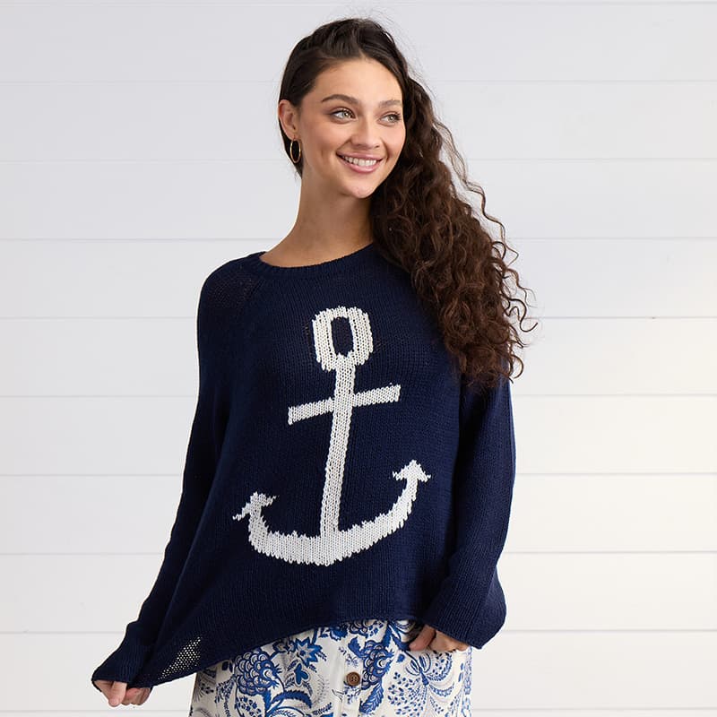 Navy Anchor Open Knit Sweater - Cracker Barrel