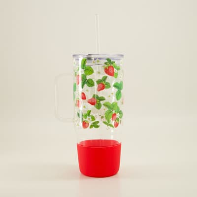 Strawberries Print Glass Tumbler with Straw