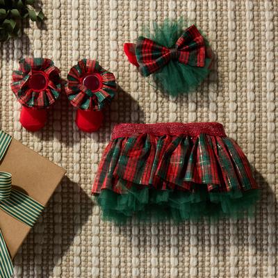 Infant Plaid Tutu Skirt Headband and Socks Set