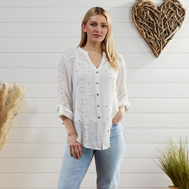 Embroidered Flower Button Front White Top - Cracker Barrel