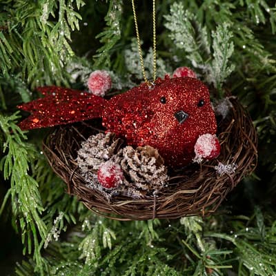 Glitter Red Bird In Nest Ornament