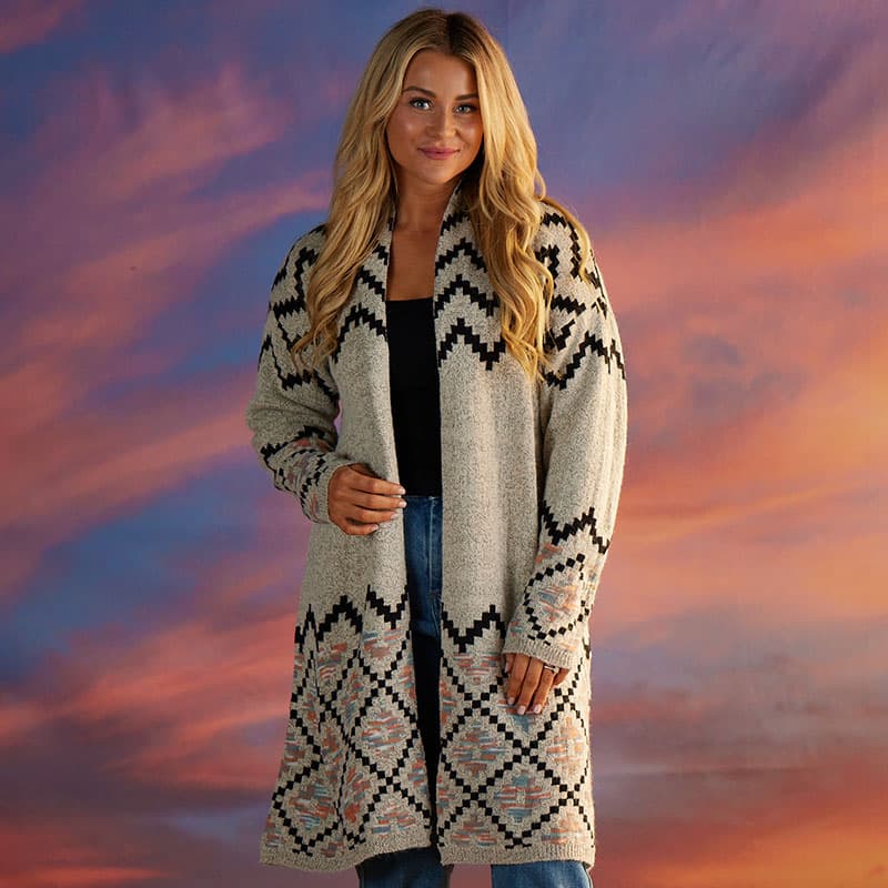 Beige and Black Zigzag Cardigan - Cracker Barrel