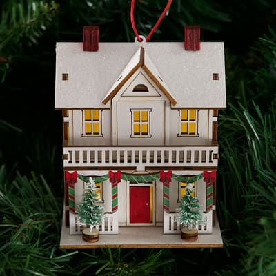Wood House Ornament - White