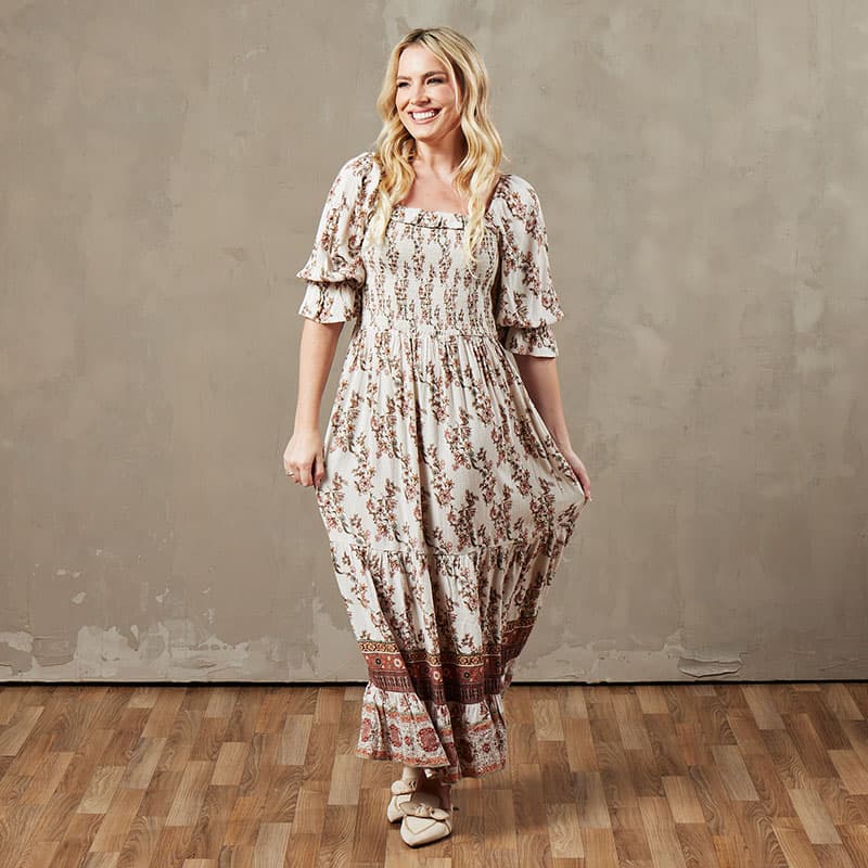 Floral Smocked Ivory Midi Dress - Cracker Barrel