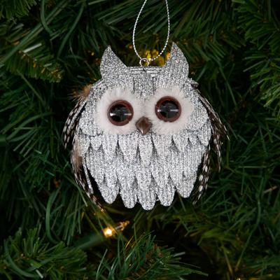 Silver Glitter Owl with Feathers Ornament