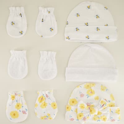 Infant 6 Piece Bee and Floral Knit Hat and Mitten Set