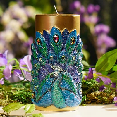 Embossed Peacock Gold Pillar Candle