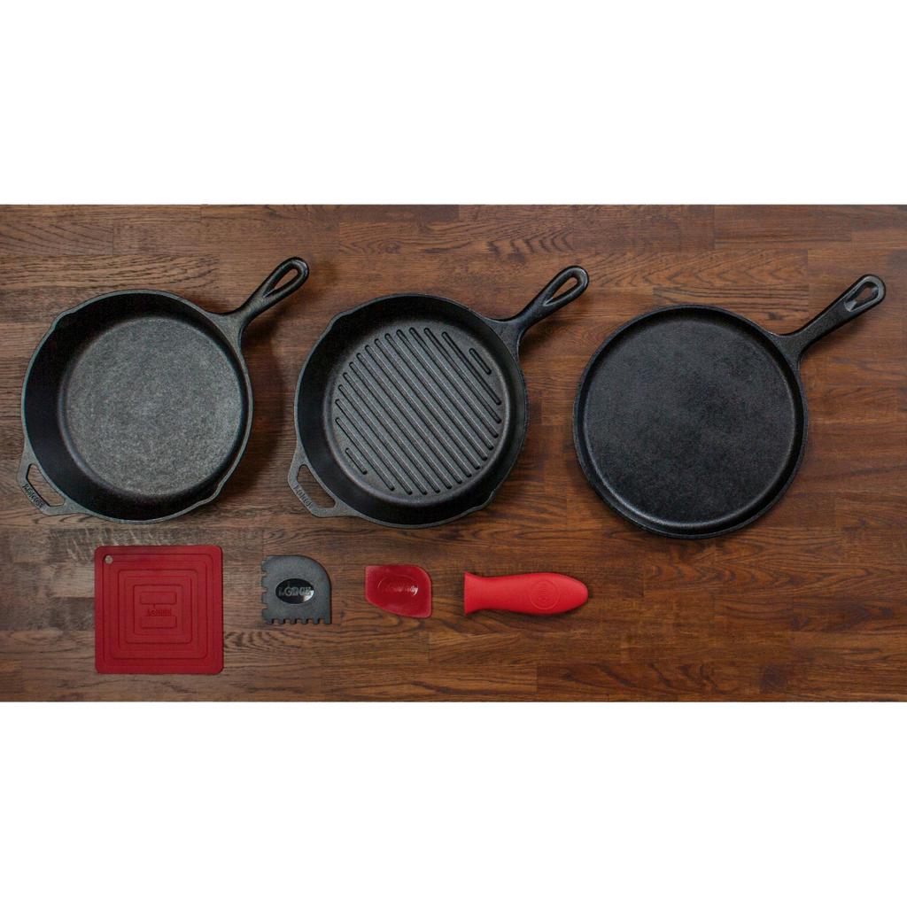Lodge 6 Piece Seasoned Cast Iron Cookware Set, Pans & Accessories, #PPLCICS6