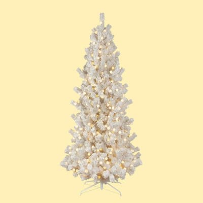 7.5' White Flock Tree with Round Bulbs