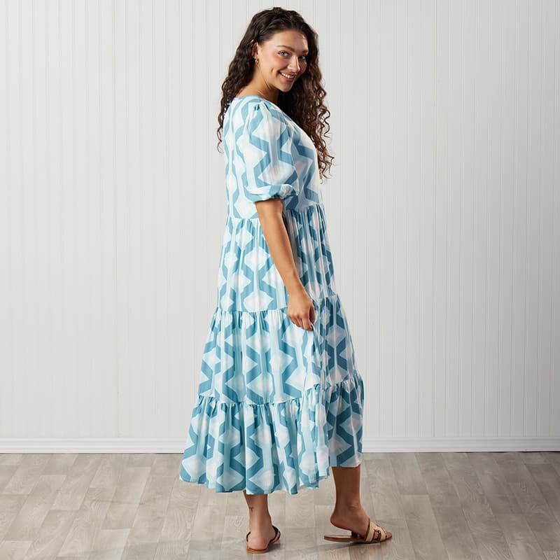 Blue Geo Print Midi Dress - Cracker Barrel