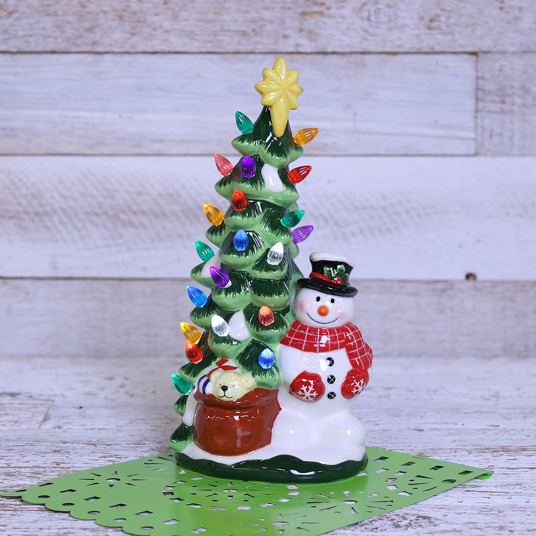 Light Up Ceramic Snowman with Christmas Tree Cracker Barrel