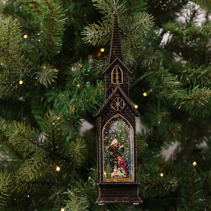 Lighted Church Glitter Globe Ornament Cracker Barrel