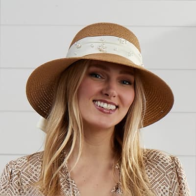 Straw Sunhat with Satin Band and Pearl Detail