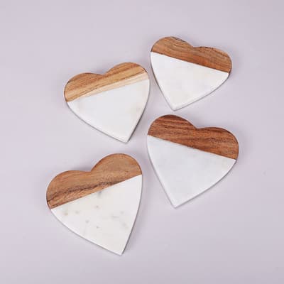 Marble and Wood Heart Coaster Set Of 4