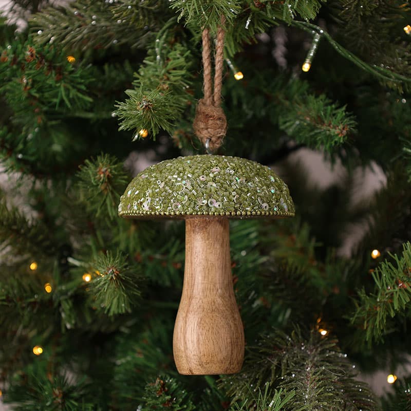 Green Beaded Wooden Mushroom Ornament - Cracker Barrel