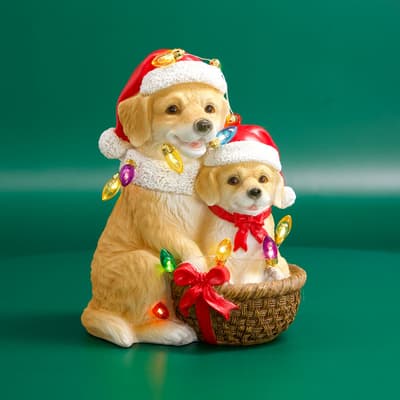 Dogs In Basket with Lights Figurine