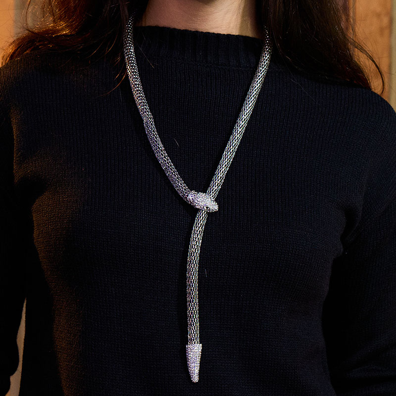 ◇wing bling◇ 925 Silver Silvi Ribbon Snake Choker Necklace Snake choker necklace silver-tone with rhinestones on head