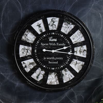 Black Wooden Wall Clock with Photo Frame