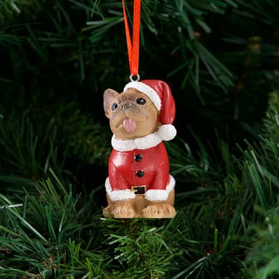 Resin Dog In Santa Suit Ornament