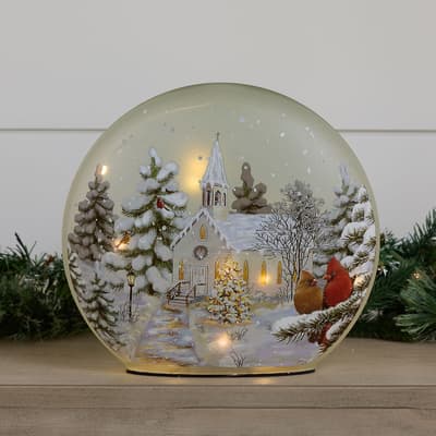 Lighted Church Scene Glass Decor