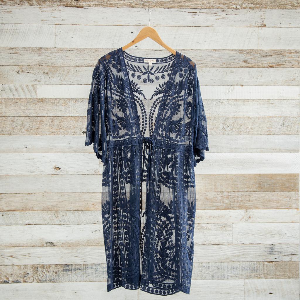 Navy Lace Long Cardigan Elegant Christmas Cracker Barrel