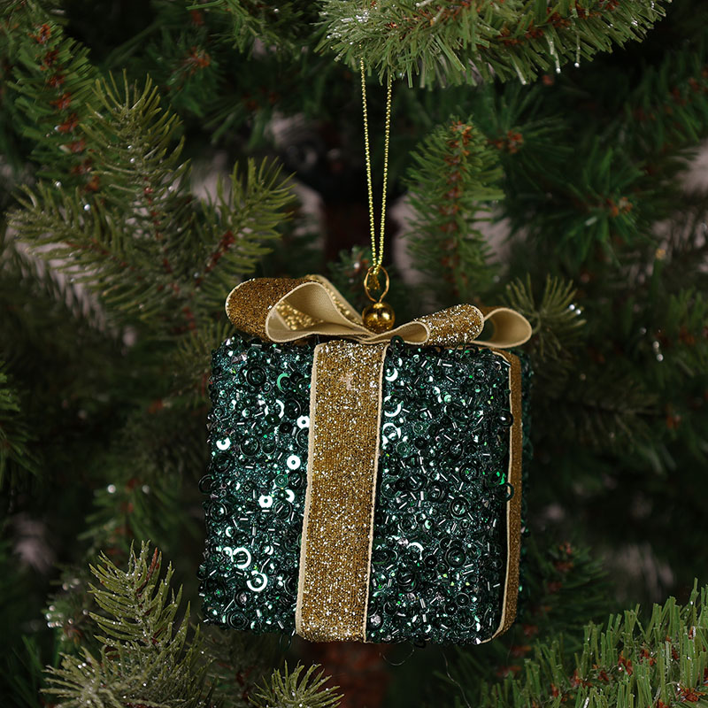 Green Sequin Gift Box Ornament Cracker Barrel